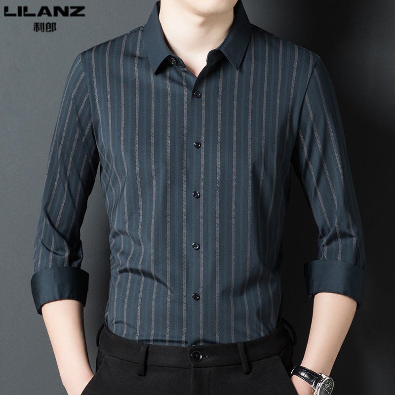 利郎春季长袖衬衫男士薄款竖条纹弹力中青年商务休闲免烫无痕衬衣