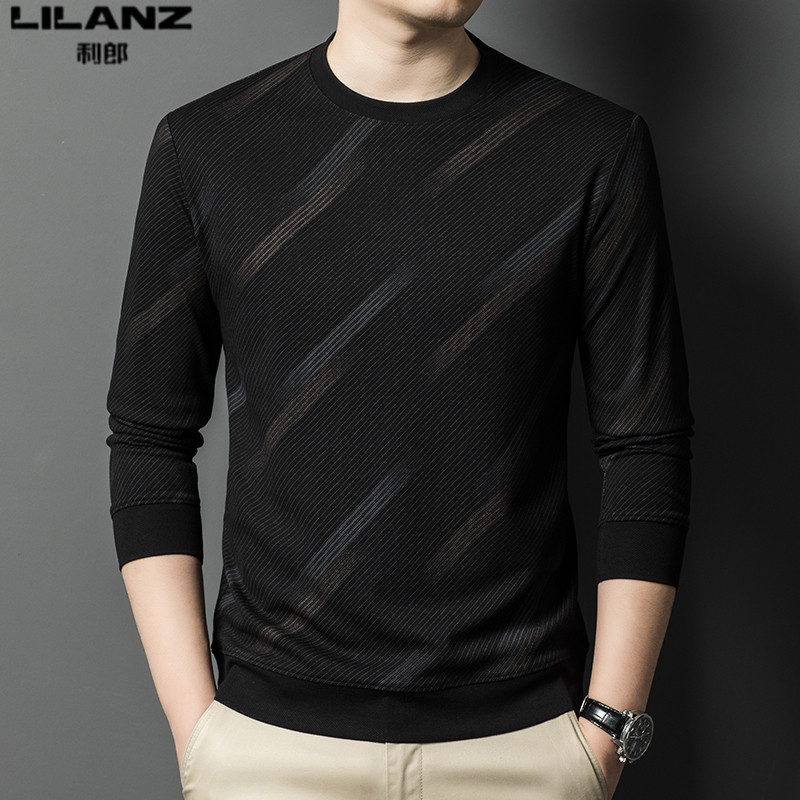 2026新款利郎男装长袖T恤春秋季薄款条纹卫衣男士修身圆领打底衫
