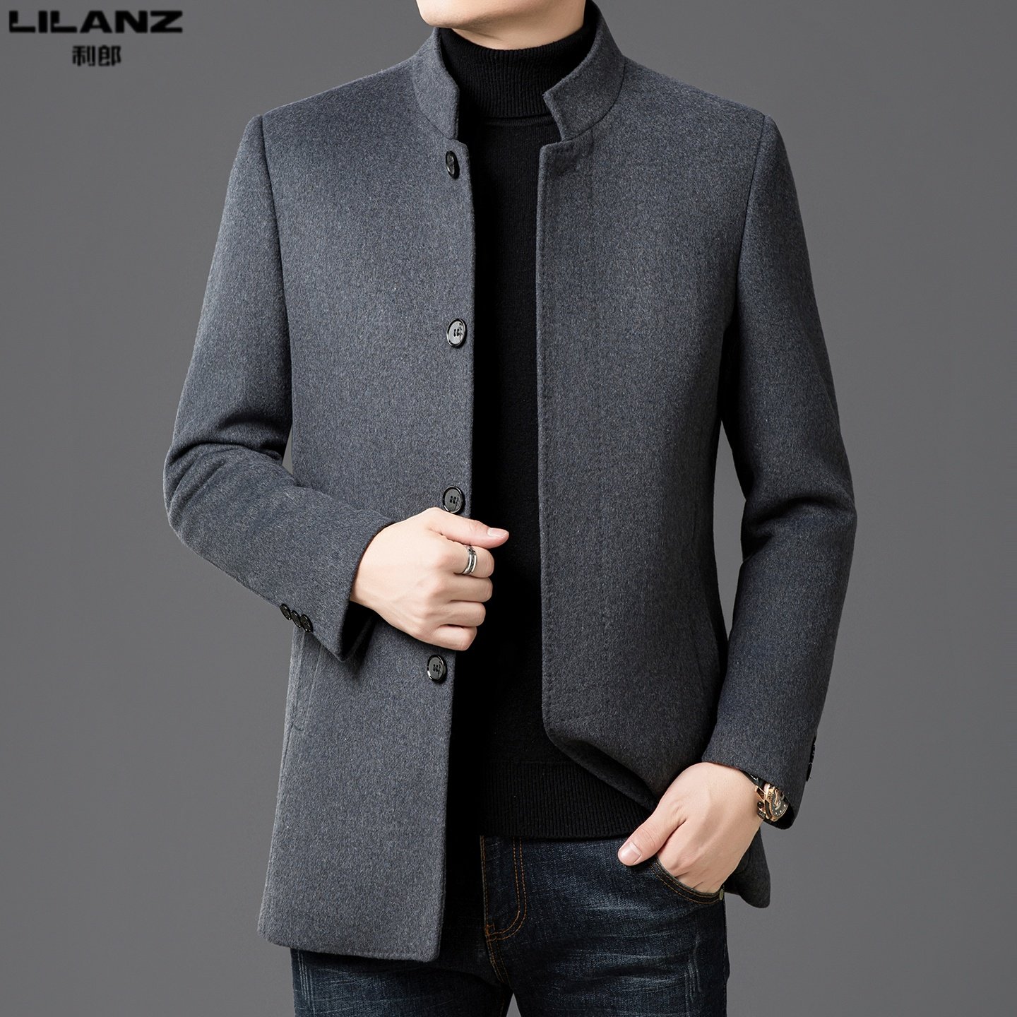利郎男装毛呢夹克外套冬季保暖加绒羊毛大衣男士纯色立领休闲风衣