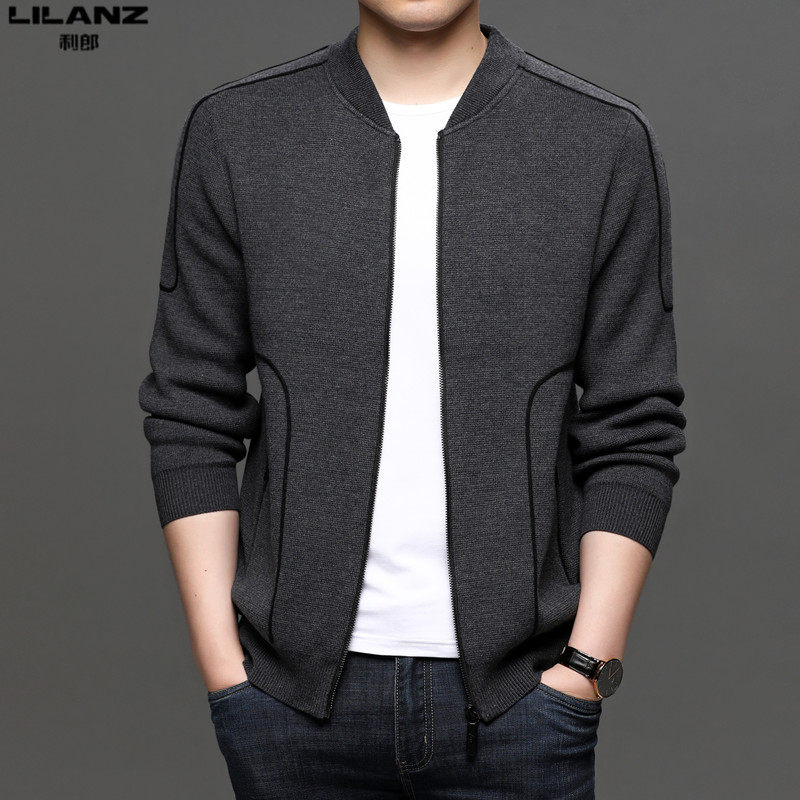 利郎男装秋季薄款含羊毛开衫外套男士拉链棒球领针织衫休闲毛衣潮