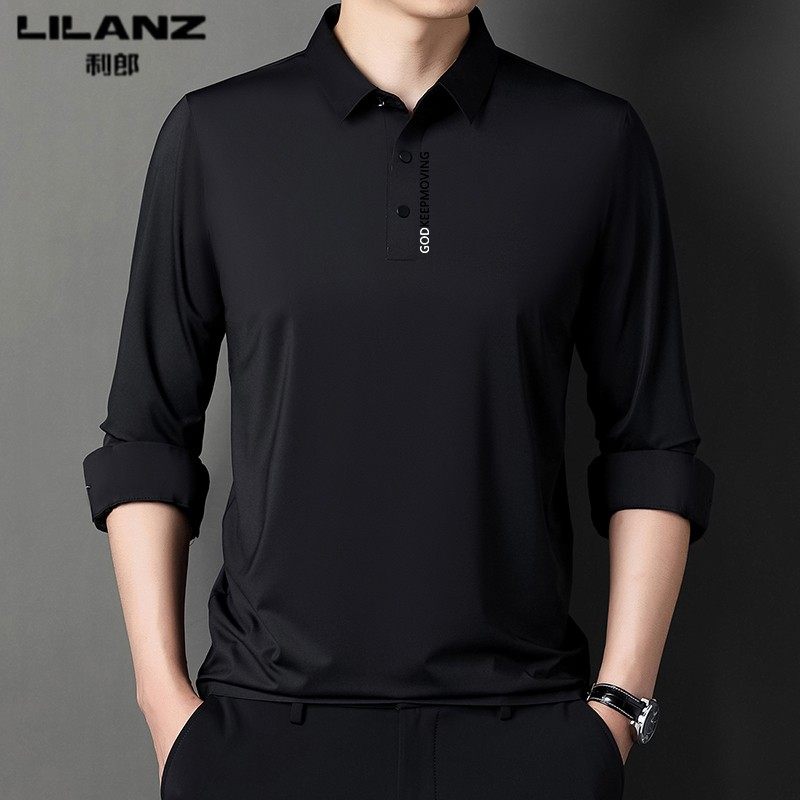 利郎男装长袖T恤春秋男士桑蚕丝POLO衫冬季加绒纯色休闲翻领上衣