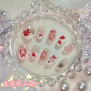 洛可可兔子美甲手工定制穿戴甲可爱甜美风闪钻可拆卸指甲贴片显白