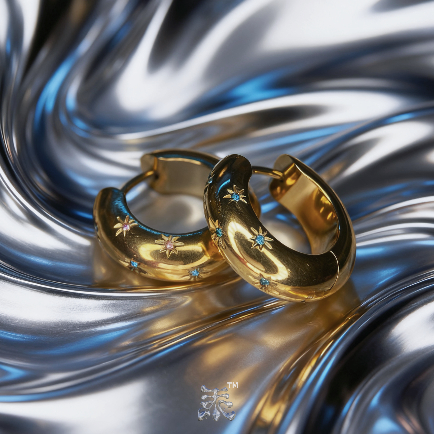 4mm宽边星芒镀金耳环f136钛合金