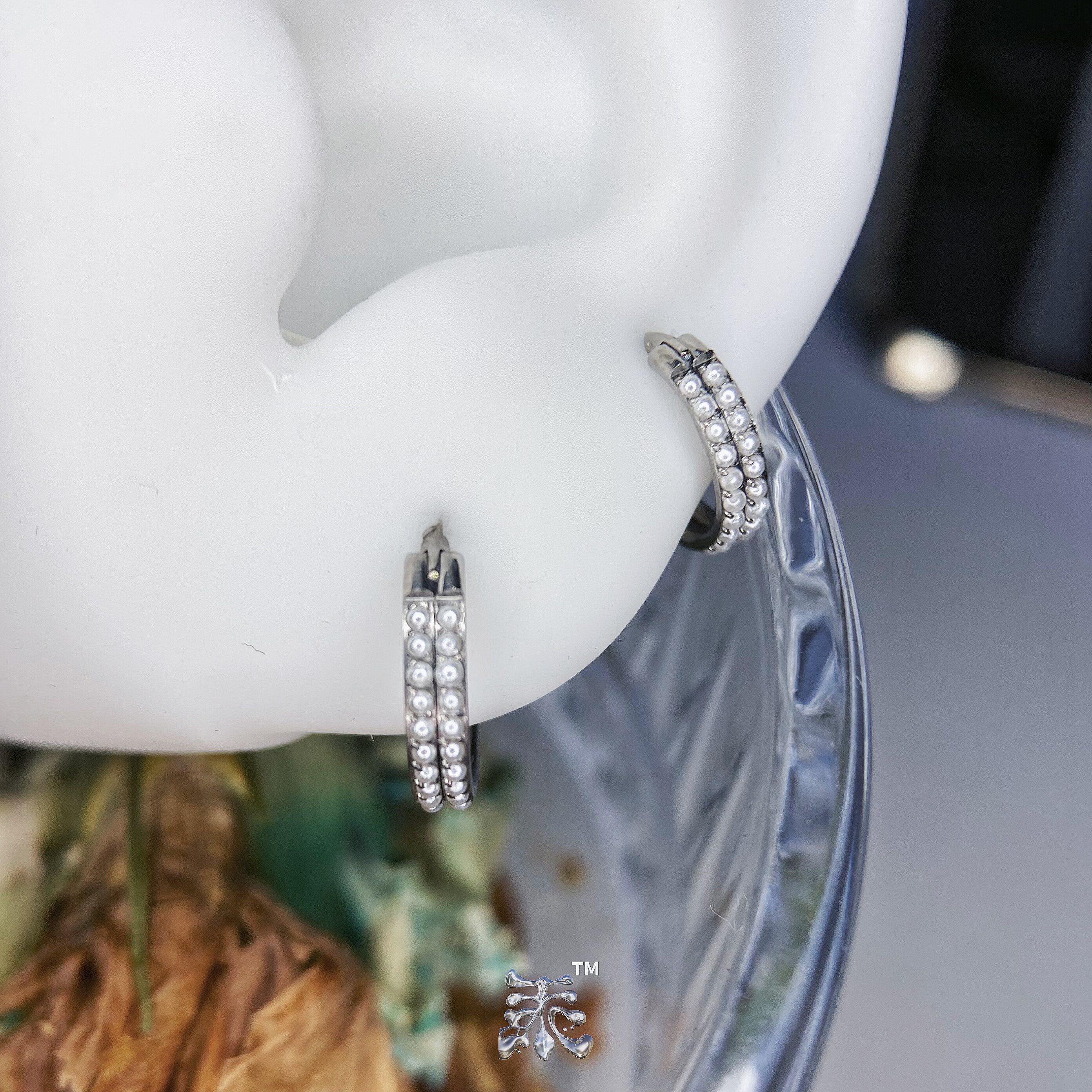 珍珠双层微镶搭扣耳环f136钛合金
