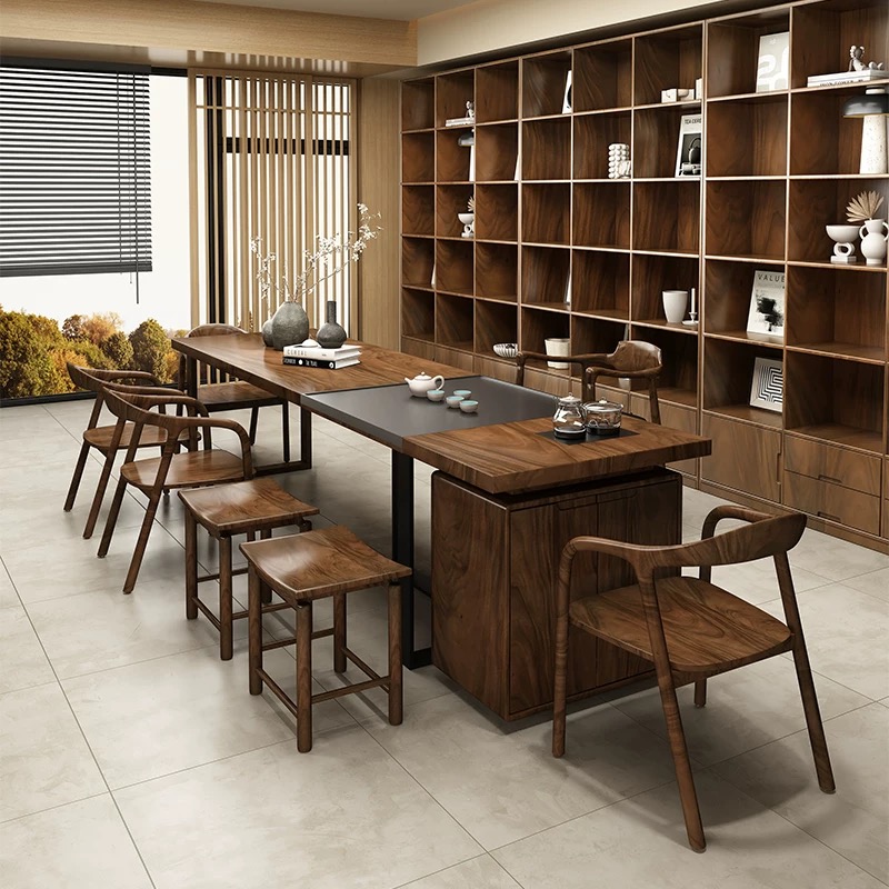 南美胡桃木茶桌椅新中式会所办公室接待一体两用纯实木大板泡茶台