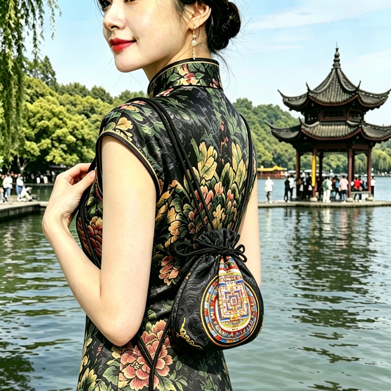 龟裂纹香云纱帆布包手机包女单肩斜挎手提便携国风束口抽绳新中式