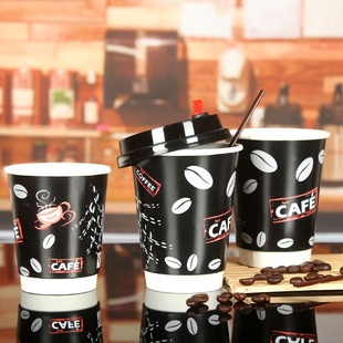 高档咖啡拿铁奶茶杯子一次性带盖商用280ml400ml双层加厚打包杯