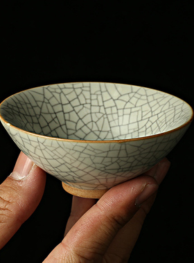 米黄汝窑斗笠功夫茶杯陶瓷品茗杯开片主人杯个人专用茶具茶盏单杯