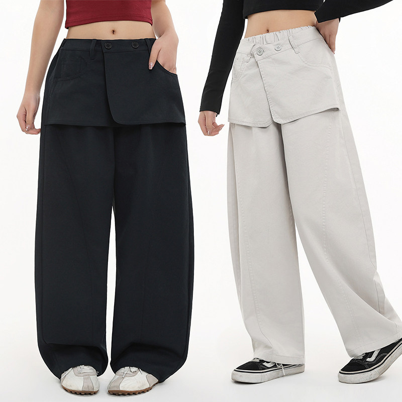 胖女童假两件直筒裤春秋款洋气女大童8-16岁加肥大码宽松休闲长裤