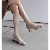 巨显瘦5cm粗跟方头高筒弹力靴女不过膝长靴时尚 气质小个子骑士靴