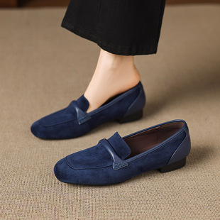 休闲拼接懒人平底深口单鞋 时尚 女26年早春新款 磨砂皮蓝色乐福鞋