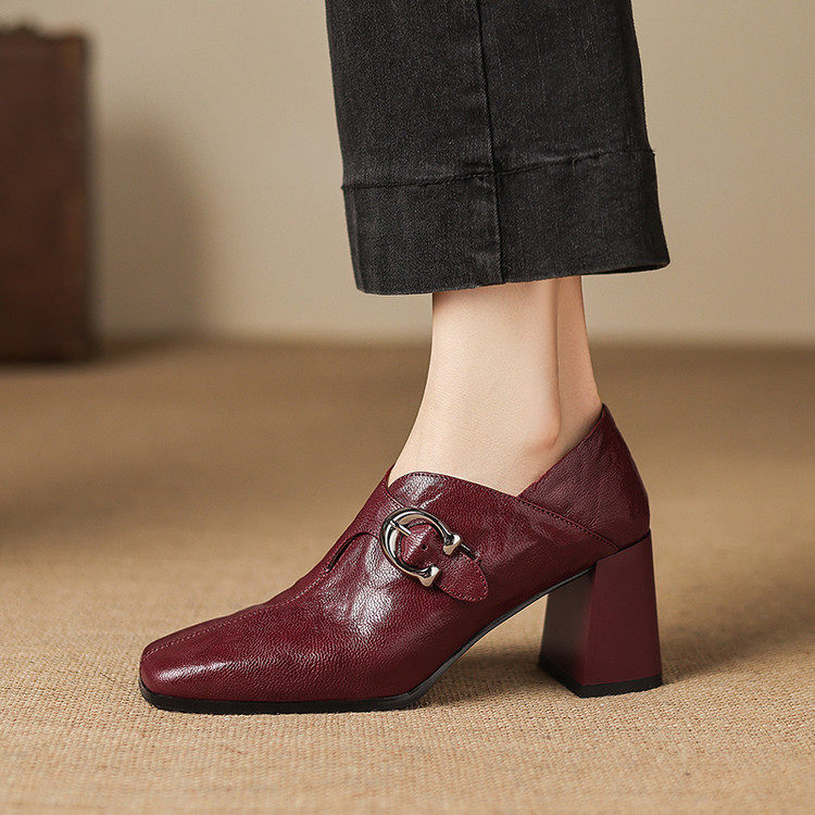 头层油蜡羊皮7cm粗跟深口高跟鞋女早春穿搭时尚复古方头单鞋酒红,女鞋,深口单鞋,淘宝优惠券,粉丝福利购,淘宝优惠卷