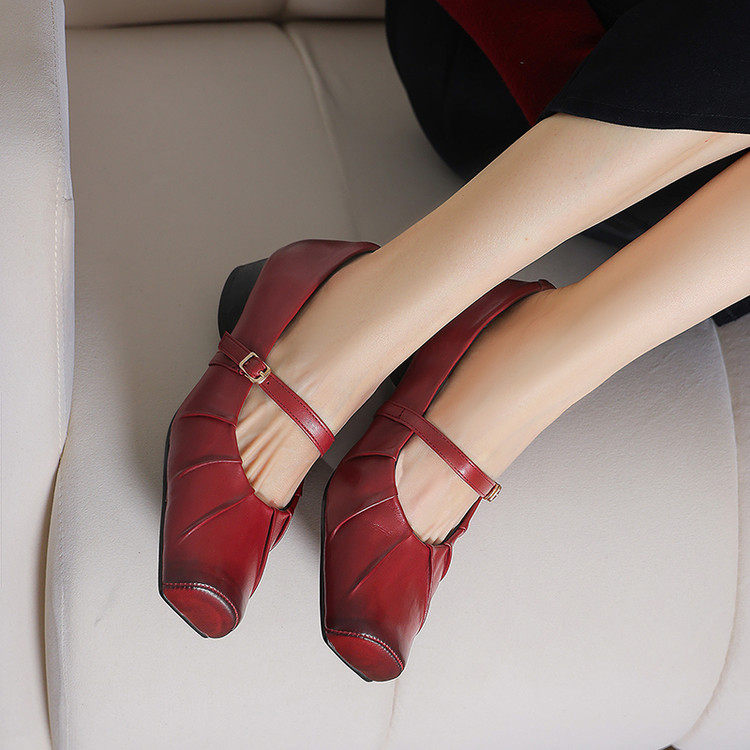 水洗擦色羊皮3cm粗跟芭蕾风玛丽珍鞋女酒红色复古时尚猪鼻头单鞋,女鞋,玛丽珍鞋,淘宝优惠券,粉丝福利购,淘宝优惠卷