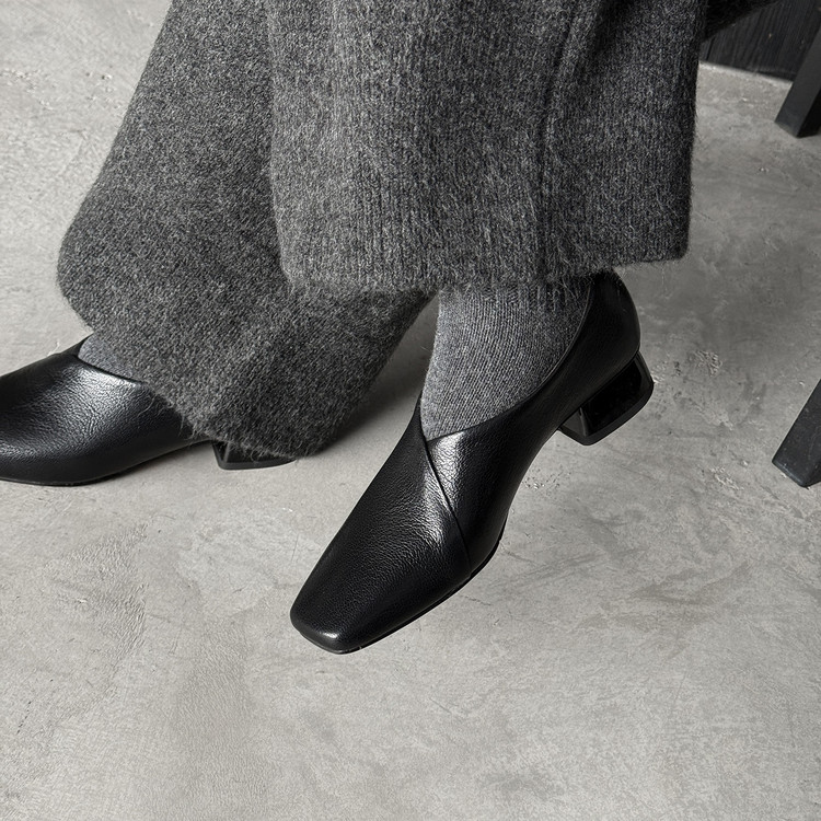 软真皮兔毛加绒里3.3cm粗跟深口单鞋女早春新款商务小皮鞋乐福鞋