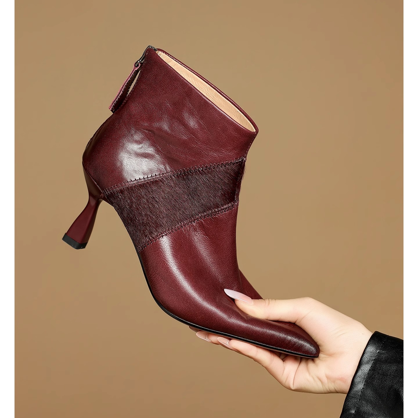 真皮马毛7cm细跟尖头短靴女秋冬时尚气质高跟马丁及踝裸靴酒红色