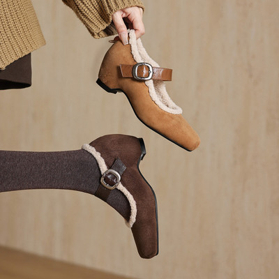 羊反绒5.5m跟内增高玛丽珍单鞋女法式时尚加绒里保暖毛毛鞋冬棉鞋