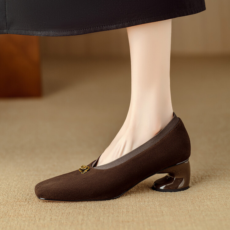 山茶花~羊反皮5cm粗跟高跟鞋女早秋新款法式复古v口方头中口单鞋