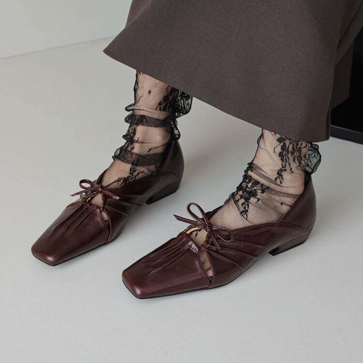 真皮褶皱镂空玛丽珍鞋女早秋新款法式复古蝴蝶结半踩方头平底单鞋,女鞋,浅口单鞋,淘宝优惠券,粉丝福利购,淘宝优惠卷