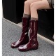 3cm内增高中筒靴女不过膝靴秋冬时尚 亮漆皮方头小个子骑士靴酒红