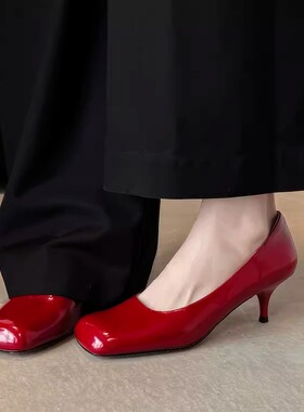 真皮~5.5cm细跟方头单鞋女春夏新款时尚简约浅口小跟高跟鞋红黄色