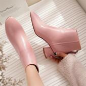 时尚 粉色马丁靴2019新款 韩版 粗跟真皮短靴简约百搭裸靴女春秋单靴