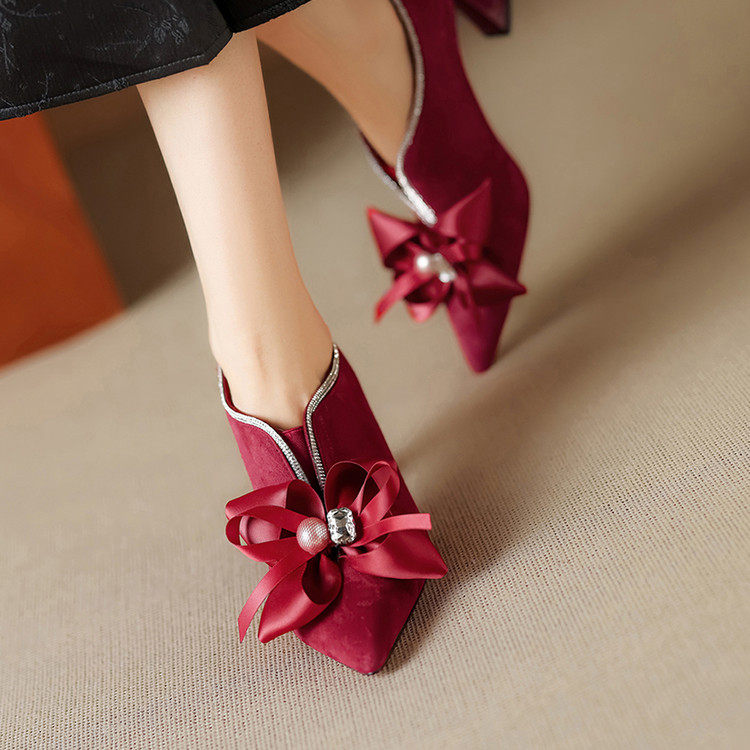 羊反皮8cm细跟深V口高跟鞋女气质优雅玫红色结婚鞋蝴蝶结尖头单鞋,女鞋,深口单鞋,淘宝优惠券,粉丝福利购,淘宝优惠卷