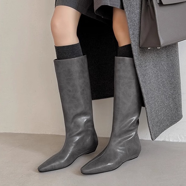 真皮2cm低跟小方头骑士靴女加宽不过膝长靴秋冬季时尚复古高筒靴