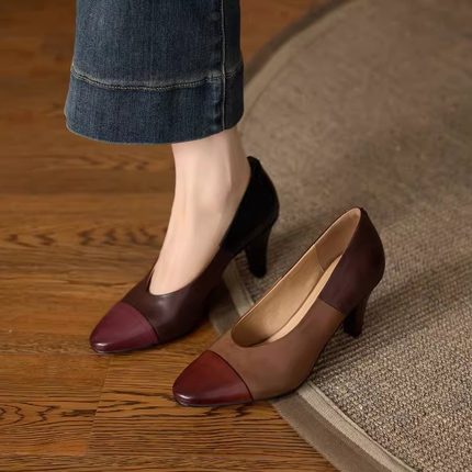 全真皮7cm细跟拼色高跟鞋女奶奶鞋春夏新款小众时尚复古浅口单鞋