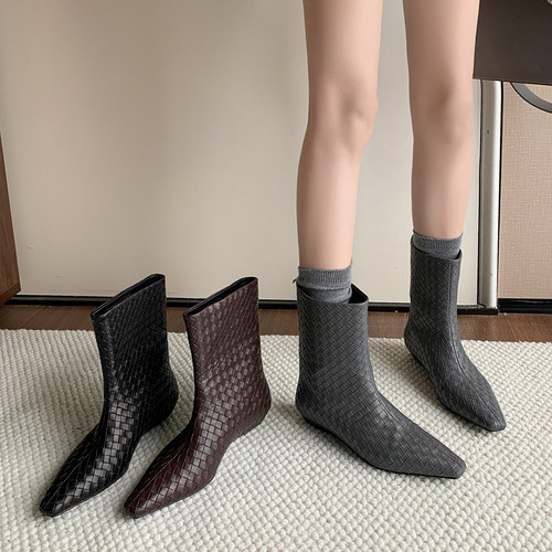 牛皮编织3.5cm异型跟加宽短靴女秋冬新款时髦法式小个子半筒靴子
