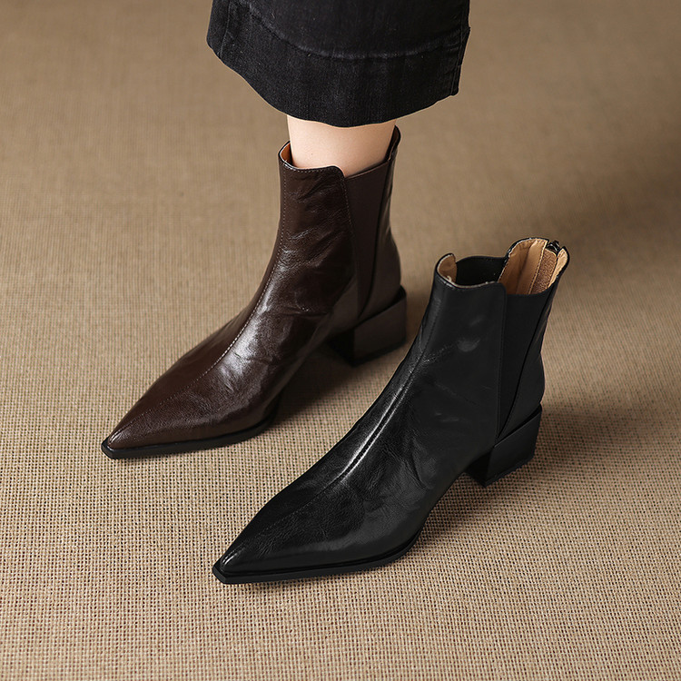 软羊皮4.5cm粗跟尖头切尔西短靴女春秋及踝靴英伦风复古V口马丁靴