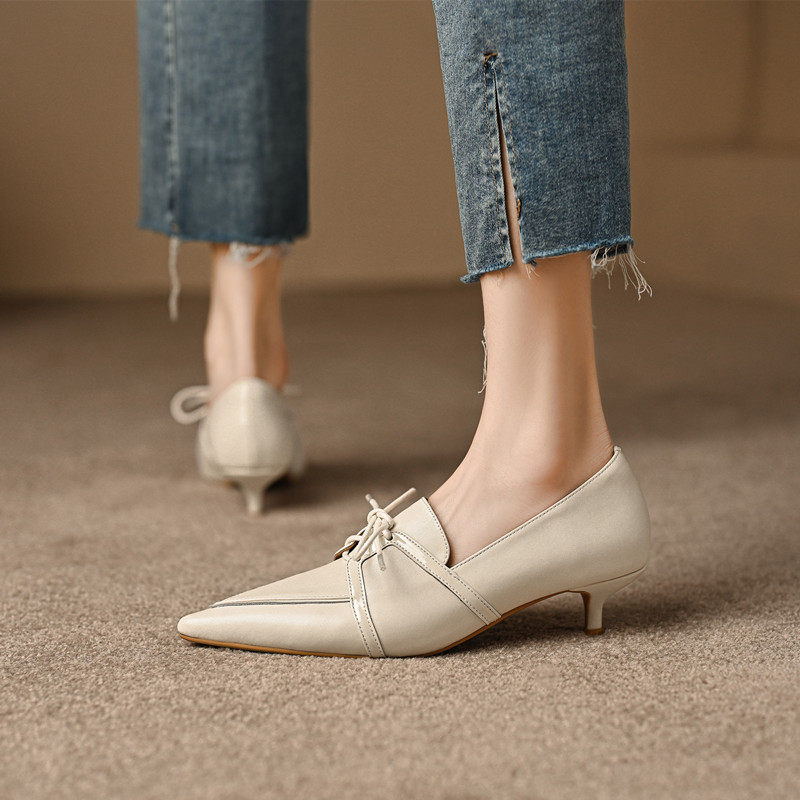 显瘦小跟单鞋女早春新款时尚通勤百搭真皮细跟尖头系带深口猫跟鞋,女鞋,深口单鞋,淘宝优惠券,粉丝福利购,淘宝优惠卷