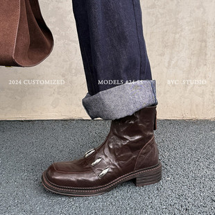 马丁靴女秋冬新款 全真皮时髦帅气个性 单靴英伦风复古圆头粗跟短靴