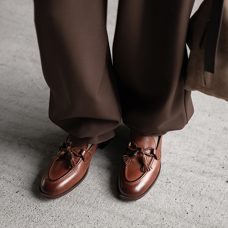 重工水洗头层牛皮3.3cm粗跟深口单鞋女乐福鞋英伦商务正装小皮鞋
