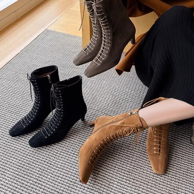 羊翻皮~5.5cm细跟方头系带马丁靴女2025秋冬新款时尚及踝高跟短靴