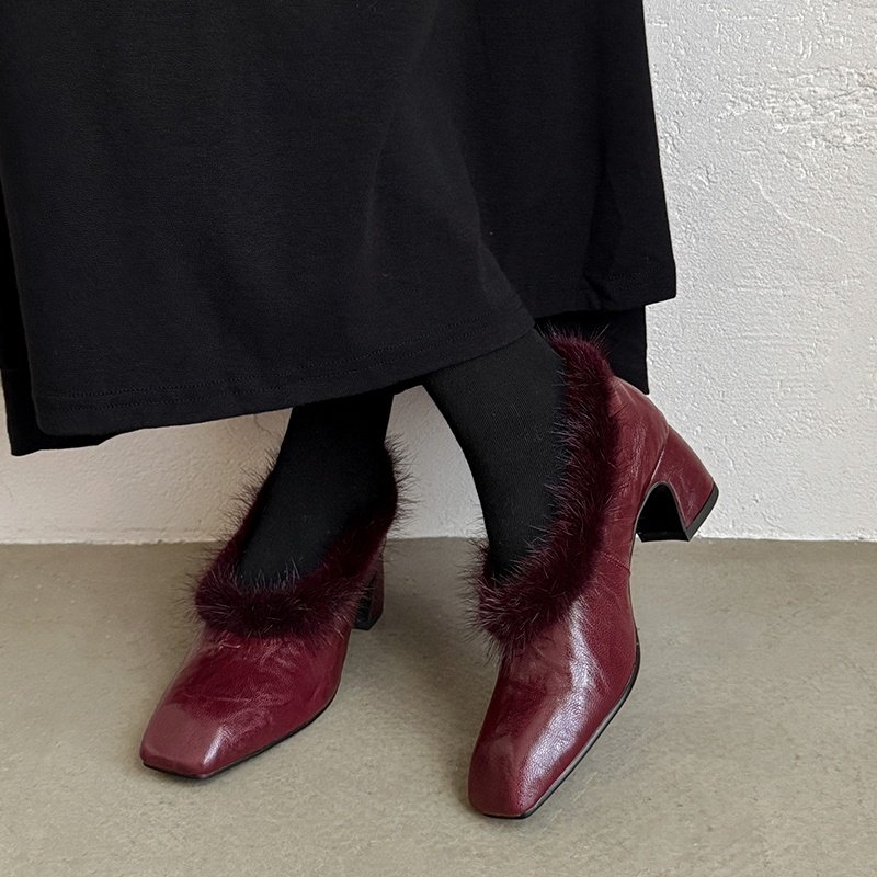 5.2cm粗跟~水叼毛真皮高跟鞋女保暖毛毛鞋法式优雅酒红色加绒单鞋,女鞋,深口单鞋,淘宝优惠券,粉丝福利购,淘宝优惠卷