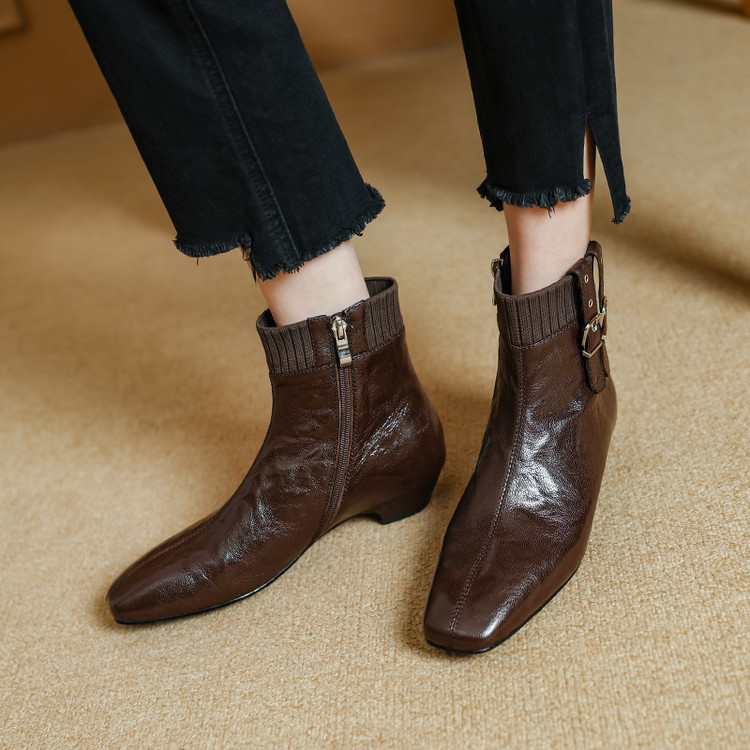 真皮毛线口短靴女及踝裸靴秋冬时尚法式复古方头粗跟皮带扣马丁靴