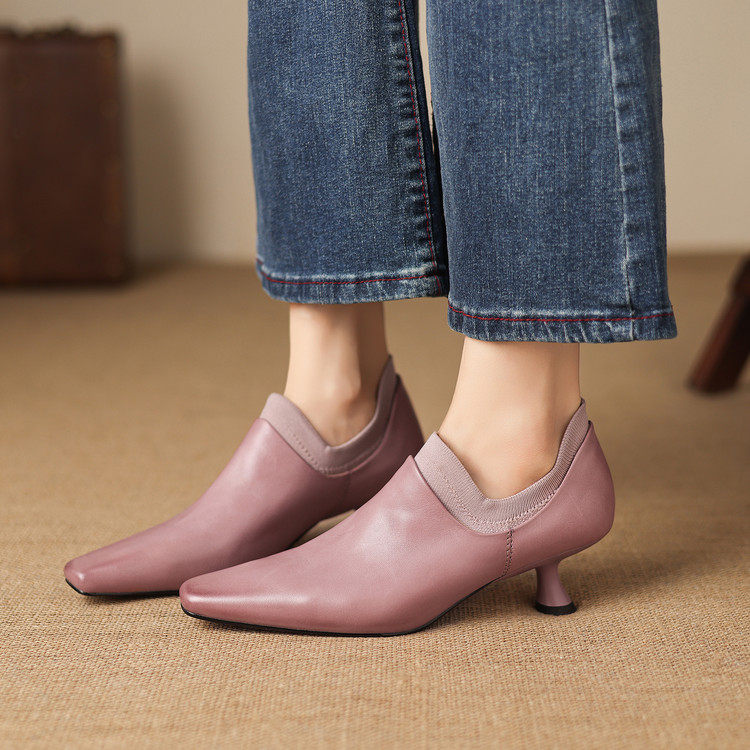 马皮5cm小跟松紧口高跟鞋女四季款时尚法式复古深口单鞋紫色蓝色,女鞋,深口单鞋,淘宝优惠券,粉丝福利购,淘宝优惠卷