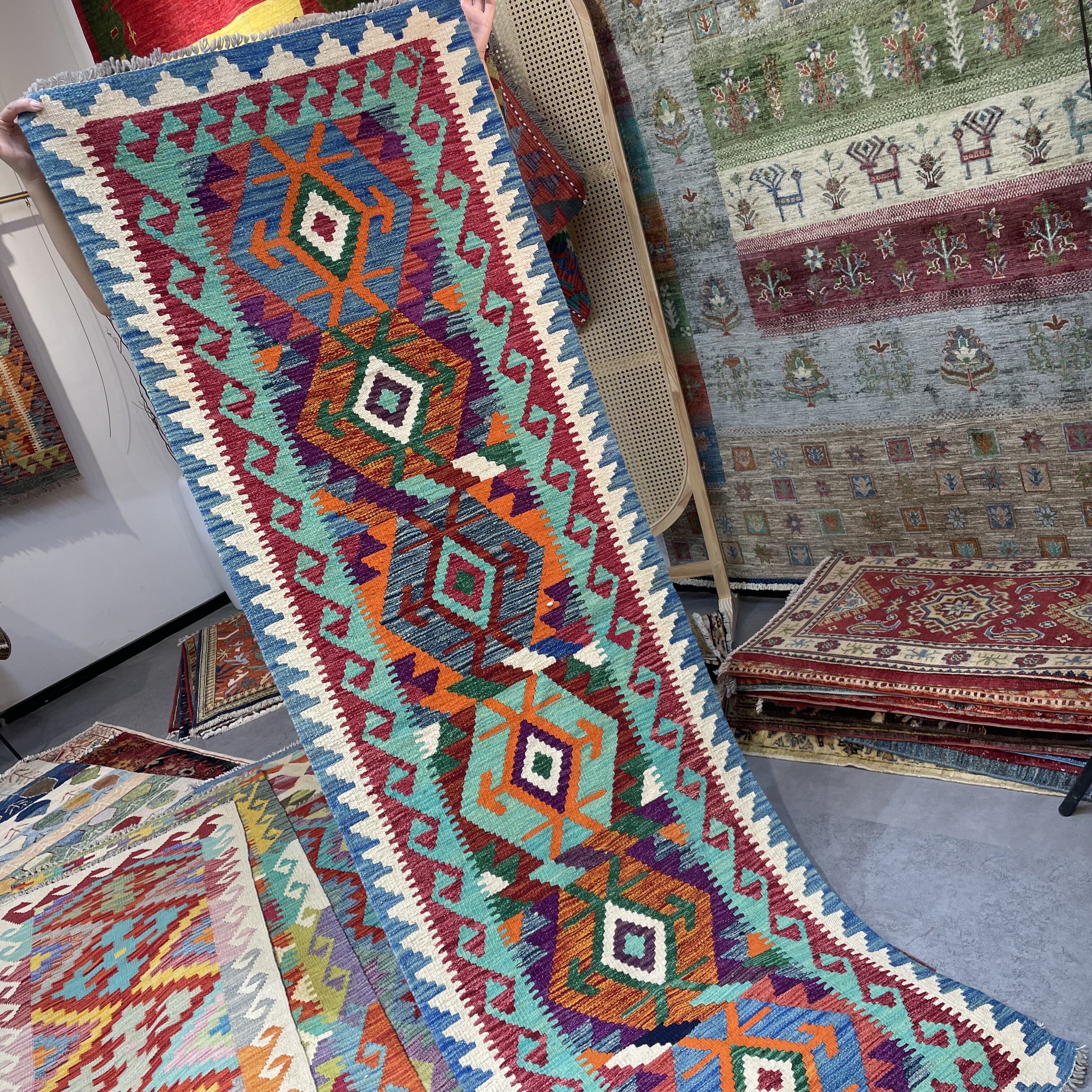 阿富汗进口羊毛手工编织床边毯几何波西米亚过道毯走廊毯榻榻米毯