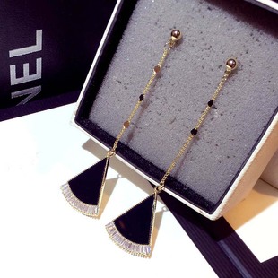 设计感名媛风耳钉耳坠潮 个性 s925银针长款 流苏锆石扇形耳环女时尚