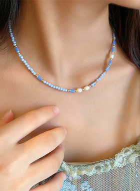海蓝色水晶淡水珍珠项链小清新夏天多巴胺串珠锁骨链简约复古颈链