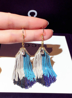 蓝色拼色垂感流苏耳环女轻奢气质耳勾夸张长款高级感设计耳饰耳坠