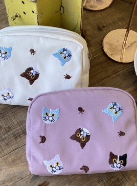 新款可爱刺绣猫咪化妆包大容量便携式口红姨妈巾收纳精致杂物包