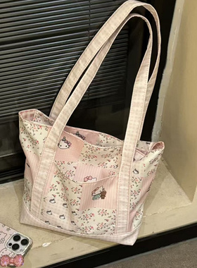 可爱碎花kitty拼接单肩包少女心百搭通勤包包便携手提包高颜值