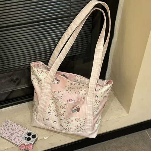 可爱碎花kitty拼接单肩包少女心百搭通勤包包便携手提包高颜值