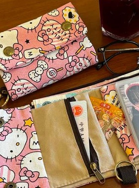 可爱多层kitty猫帆布卡包证件包零钱收纳包大容量耳机随身包