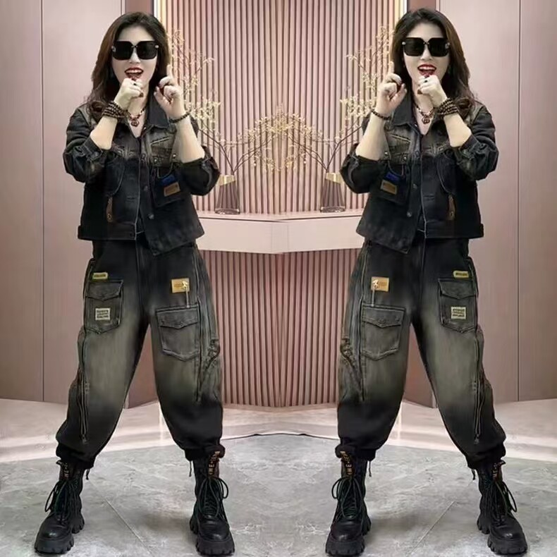 欧货休闲牛仔套装女秋冬季新款时尚显瘦加绒加厚外套工装裤两件套