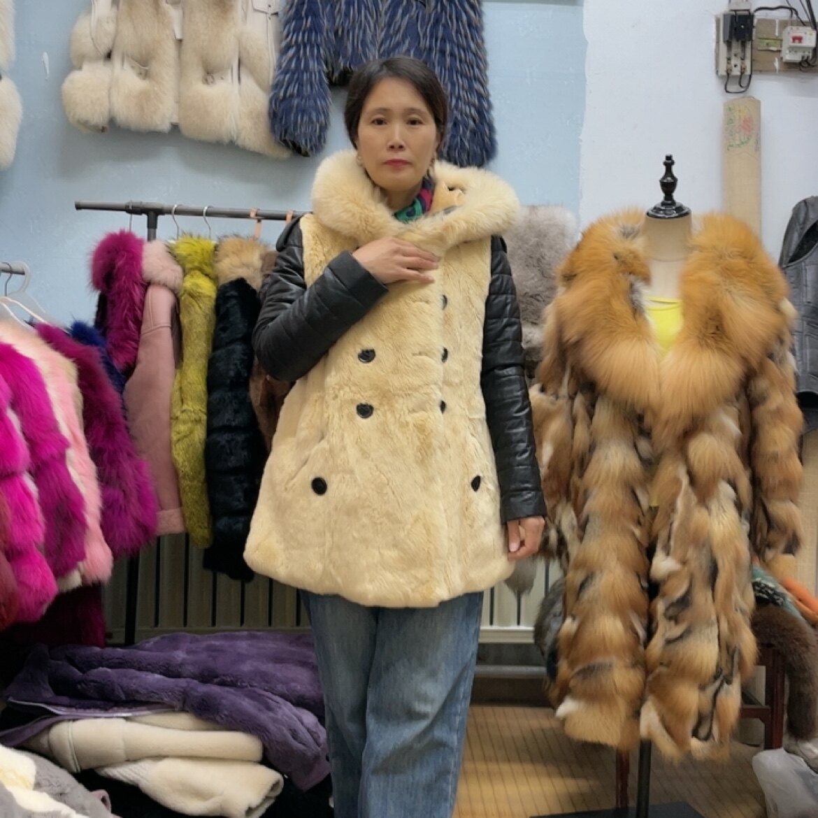 2025秋冬狐狸毛领獭兔毛修身中长款真皮羽绒服大衣皮草外套