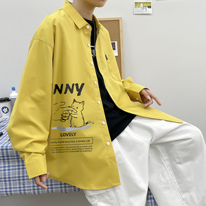 春秋男生港风长袖宽松ins情侣外套大码衬衫模特3021 P35图片