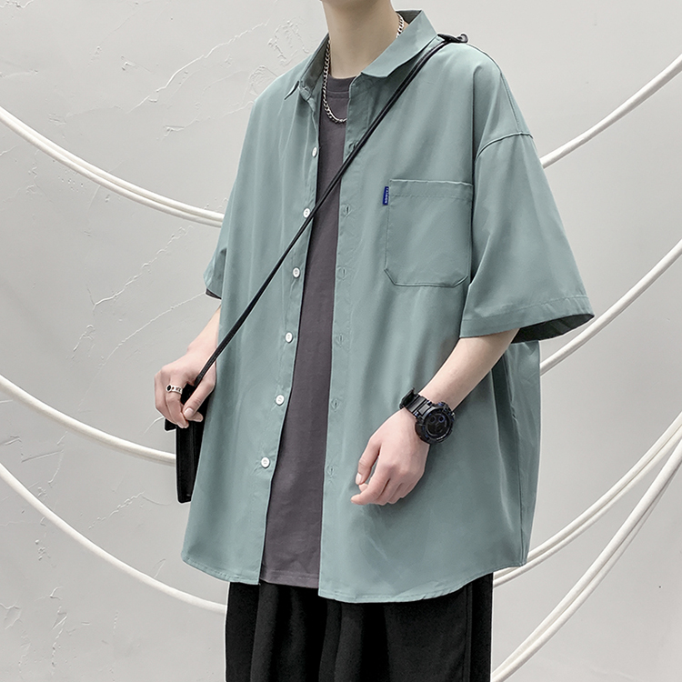 港风大码短袖纯色五色衬衫青年男生ins宽松情侣衬衫D320P25，男装T恤，星座101C（原电商A011-3）