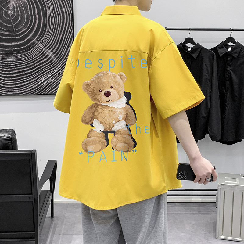 港风大码短袖ins熊衬衫青年男生情侣衬衫D322P28,男装T恤,星座101C（原电商A011-3）